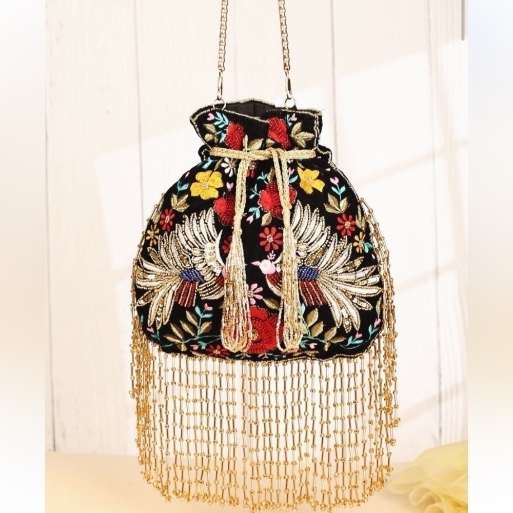 RAMLA Traditional velvet embroidered beaded floral bird wedding bag handcrafted - Picture 10 of 10